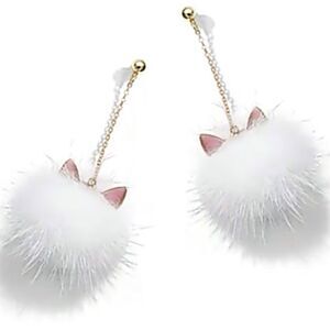 NEW White Fur Pom Pom Cat Ear Hanging  Earrings